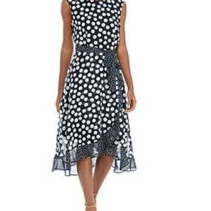 Sandra Darren Blue & White Polka Dot Sleeveless Midi Dress